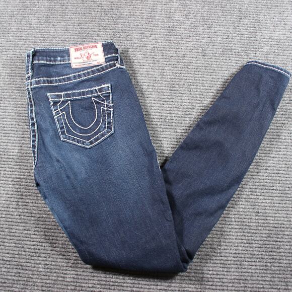True Religion Jeans Women's Size 28 Dark Wash Super Skinny Big T Distressed - Picture 1 of 12